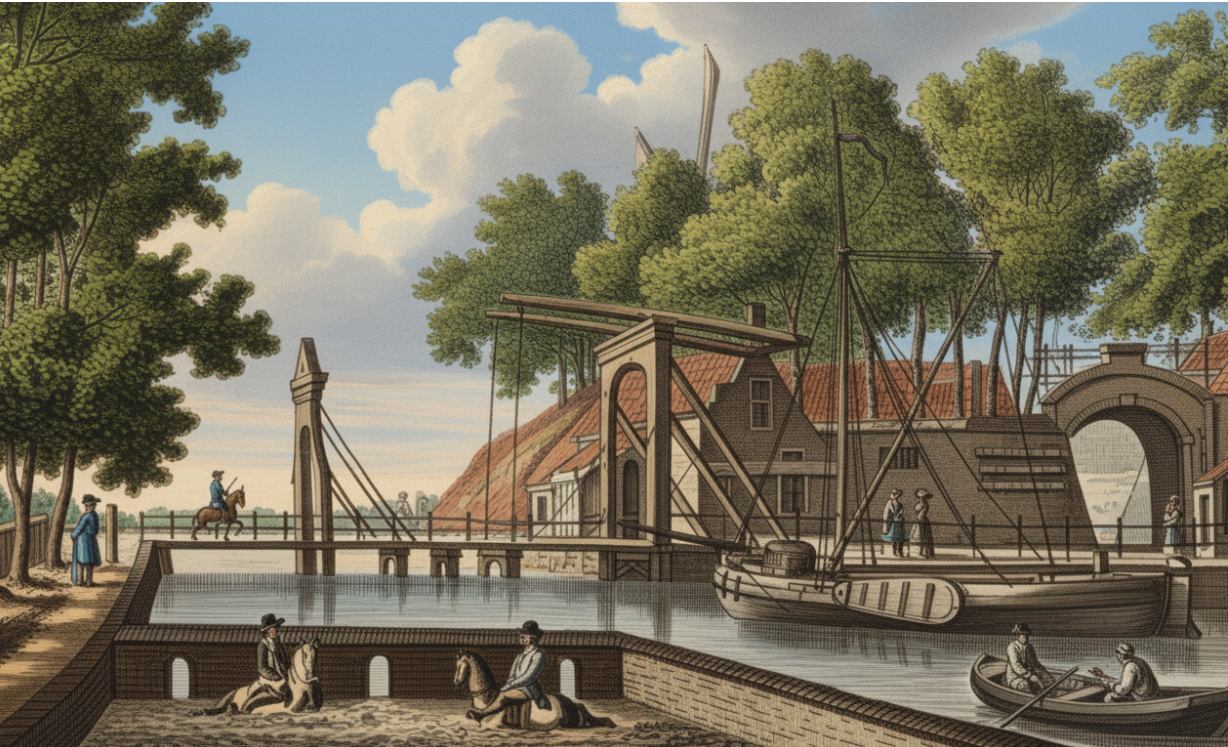 Op de tekening zie je de Oosterpoort op de plek waar tegenwoordig de Dam is. Deze poort stond er rond 1800 nog. Bij de poort stond windmolen. Ook zie je op de tekening een paardenbad. Tegenwoordig is van dit alles niets meer terug te vinden.