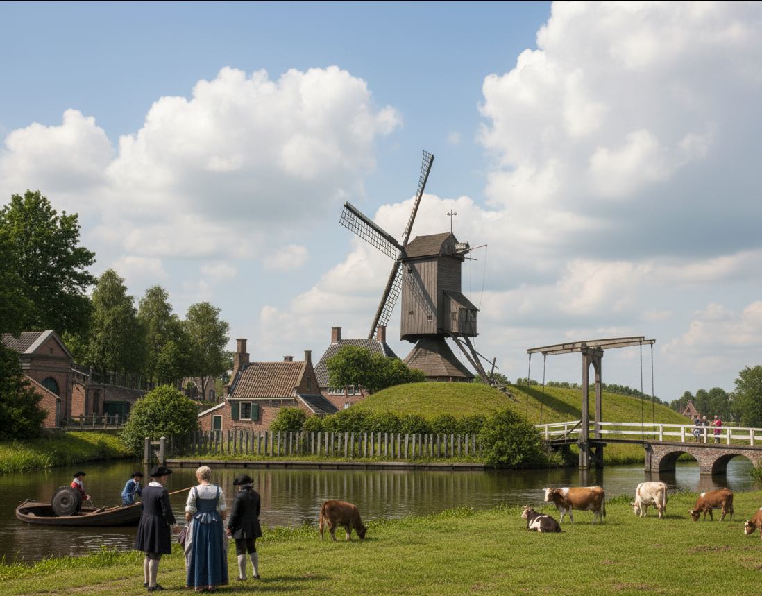 De brug bij de Noorderpoort. De korenmolen op het plaatje is gebouwd in 1598 en in 1863 gesloopt.