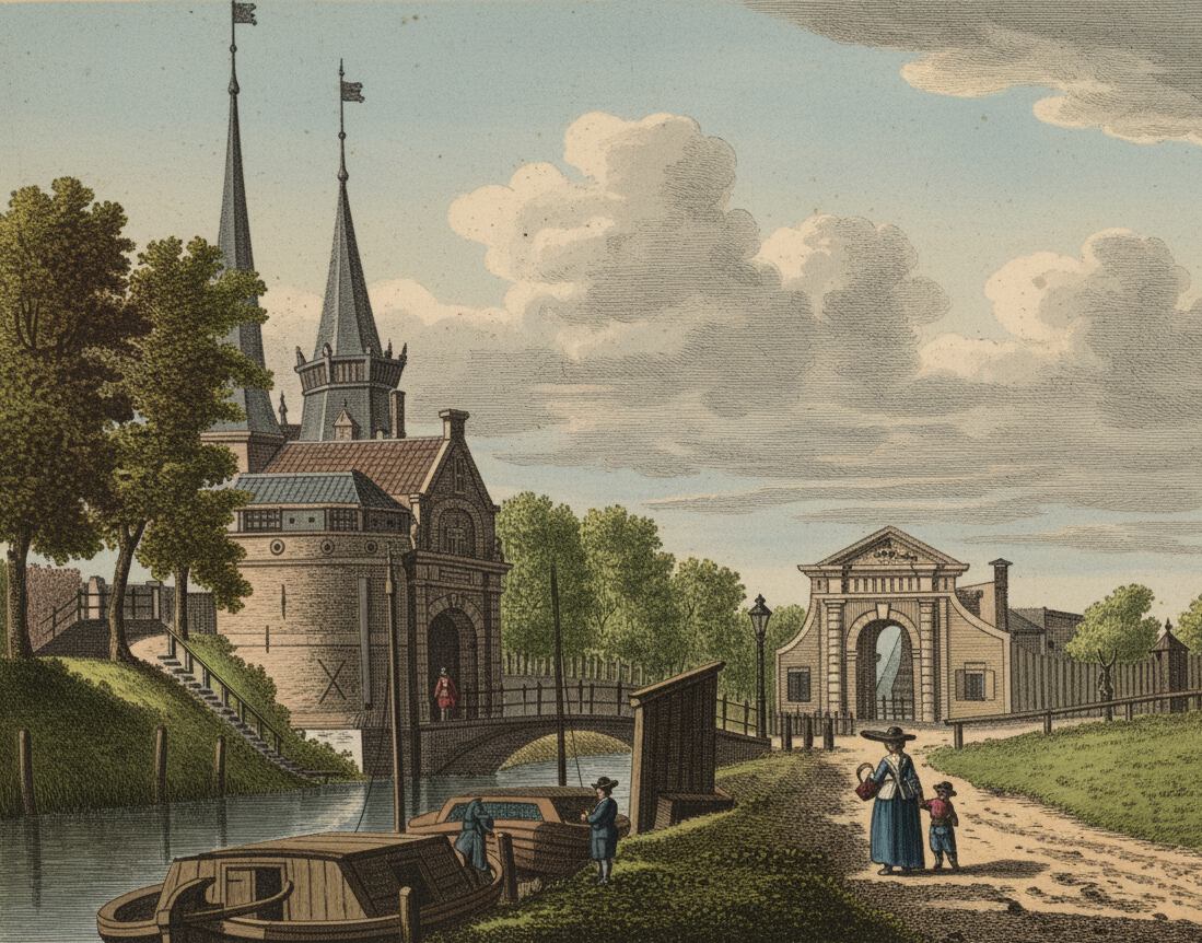 Rond 1800 stonden de stadspoorten nog aan de rand van de stad.<br><br>Op de tekening zie je links met torens de Hoeksterpoort en rechts een waterpoort. De Hoeksterpoort lag aan de rand van de huidige Voorstreek. Hier stroomde de Dokkumer Ee de stad binnen. In 1835 werd de Hoeksterpoort gesloopt om plaats te maken voor de Groningerstraatweg.<br><br>Op de voorgrond zie je de vertrekplaats van de trekschuiten.