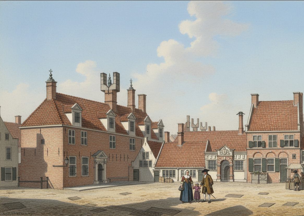 Het Old Stads Weeshuis bij de Weerd, het huidige Raadhuisplein. Dit was het weeshuis voor kinderen van de burgers van Leeuwarden.