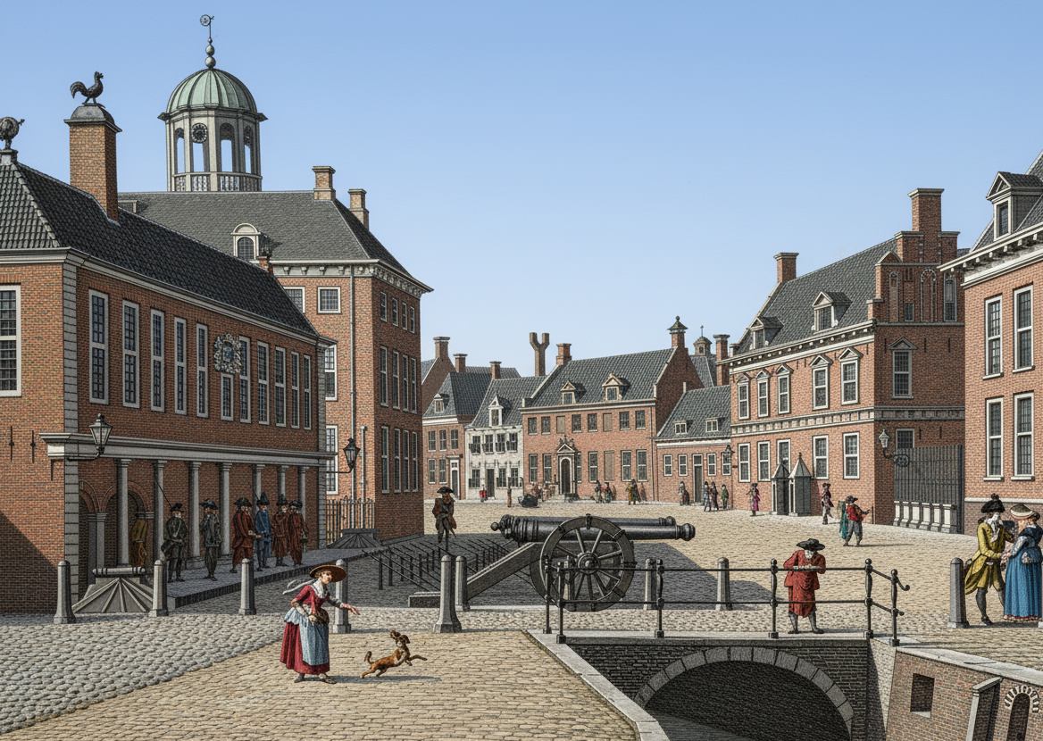 Dit is het Hofplein met rechts het Stadhouderlijk Hof, In 1881 is het gebouw gepleisterd en flink verbouwd. Het Stadhouderlijk Hof is nu een hotel en de gracht is gedempt.<br><br>Het gebouw met de toren is het stadhuis (1715) .