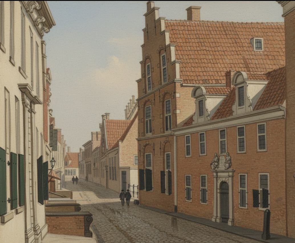 De Grote Kerkstraat met rechts het Holdingahuis, een stins van de familie Holdinga.<br><br>In 1794 is het Holdingahuis afgebrand. Alleen de kelders zijn er nog.<br>Naast het huis zie je nog een brug. De gracht loopt onder de straat door. Deze gracht is tegenwoordig gedempt.
