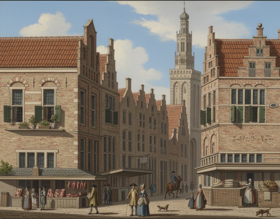Dit is de Grote Hoogstraat. Het was in 1790 een straat met winkels en ambachten in het midden van Leeuwarden. Op de hoek zie je een vleeshouwer en op de achtergrond de scheve Nieuwe Toren.<br><br>Na de mislukking van de Oldehoven was de Nieuwe Toren een tweede poging om een hoge toren in de stad te plaatsen. De Nieuwe Toren is nooit een religieuze klokkentoren geweest. Helaas verzakte ook deze toren na verloop van tijd. In 1883 is de scheve toren gesloopt.<br><br>Tegenwoordig is de Grote Hoogstraat een gezellige horeca straat.