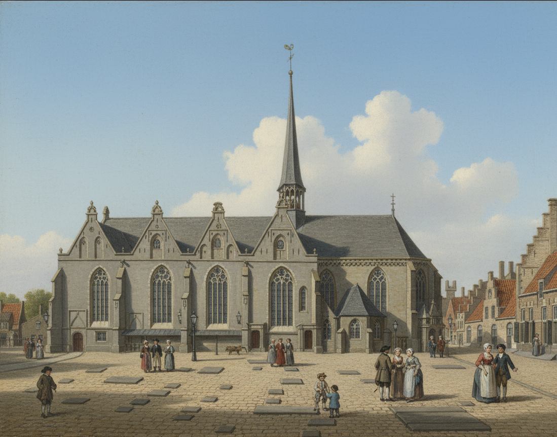 Dit is de Grote of Jacobijnerkerk aan de Zuidzijde. Het was de kerk waar de Friese stadhouders hun bankje hadden en waar tussen 1623 en 1765 tien lichamen werden bijgezet. In 1795 werden tijdens de Bataavse revolutie de grafmonumenten vernield.